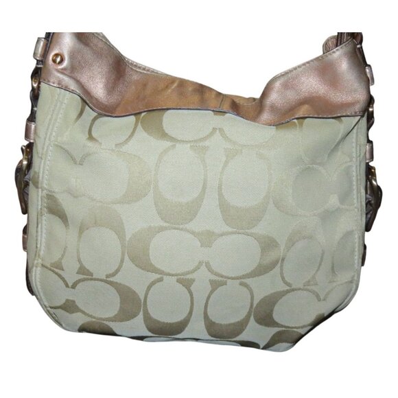 Coach 09 Zoe Signature Canvas Jacquard Khaki & HTF Rose Gold Hobo Handbag 12674 - Picture 1 of 14